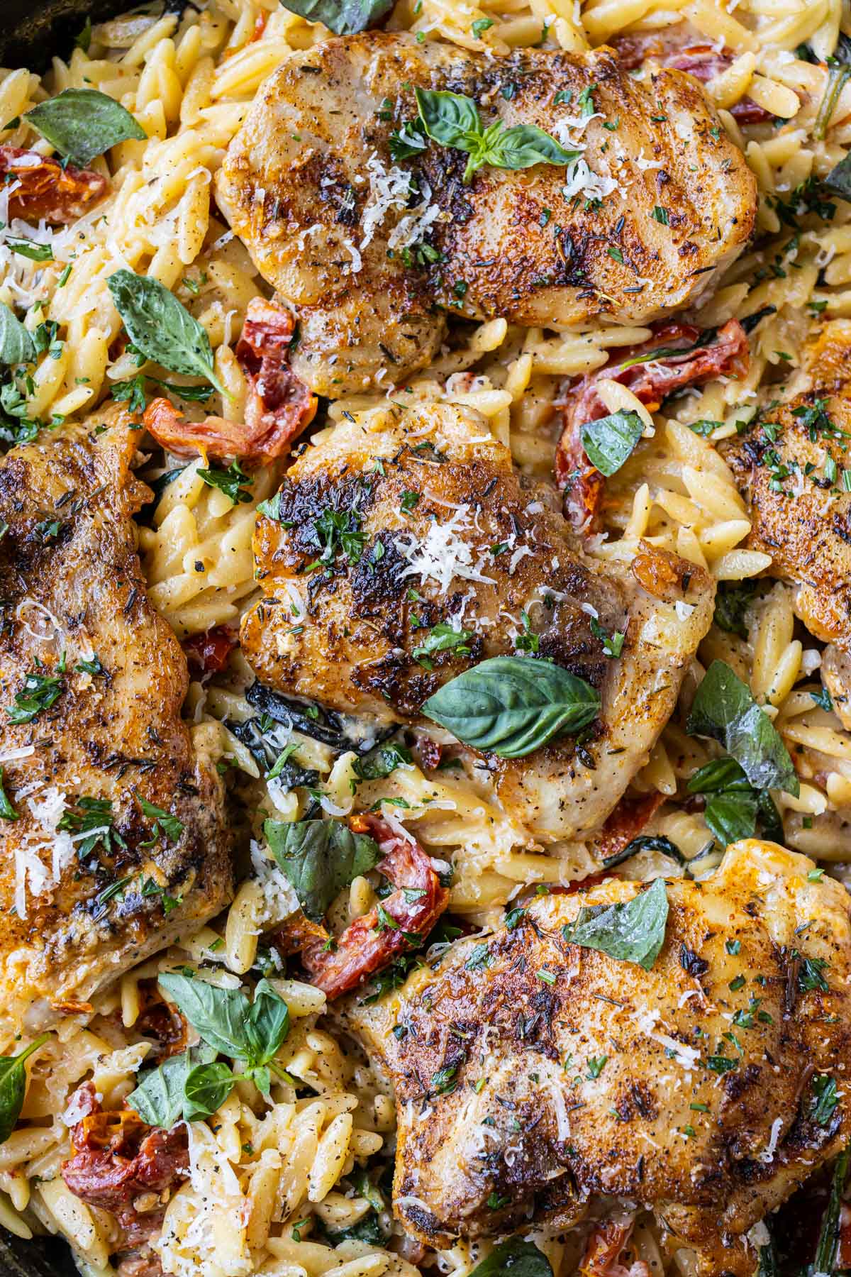 A chicken thigh is being scooped up from a Marry Me Orzo Pasta bake with sun-dried tomatoes, basil, and spinch.