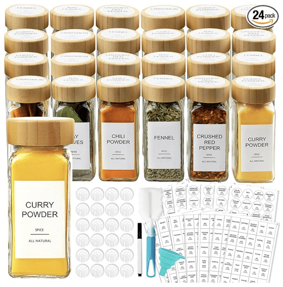 Spice jars used for organizing homemade seasonings mixes.