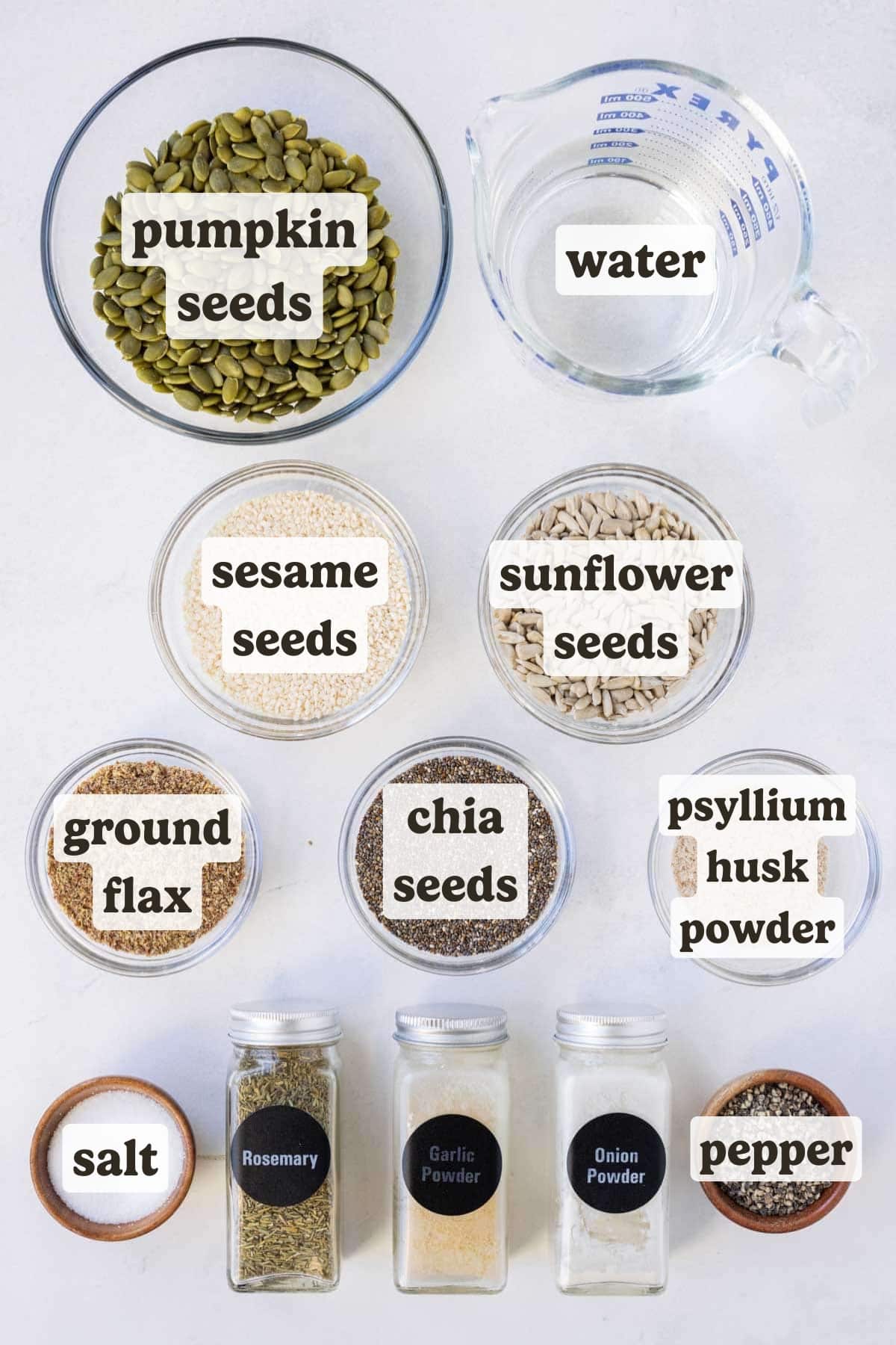 Sunflower seeds, sesame seeds, pumpkin seeds, chia seeds, water, and seasonings are the main ingredients for these seed crackers.