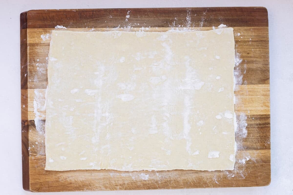A puff pastry sheet is rolled out in a 10- by 12-inch rectangle.