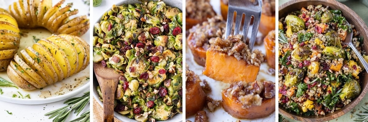 Four different Thanksgiving side dish recipes in a collage.