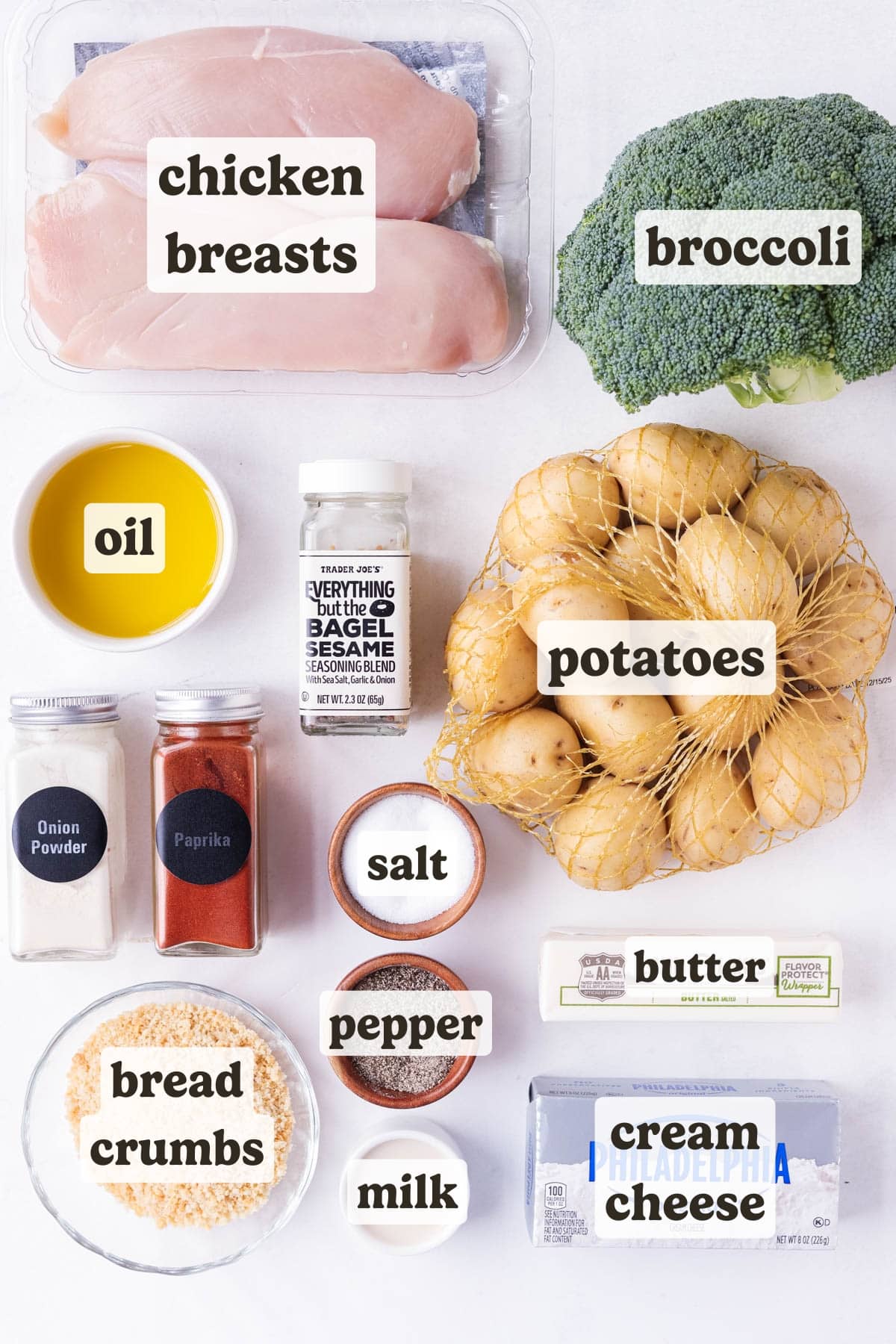 Chicken breasts, broccoli, potatoes, everything but the bagel seasoning, cream cheese, and seasonings are the main ingredients for this sheet pan chicken and vegetable dish.