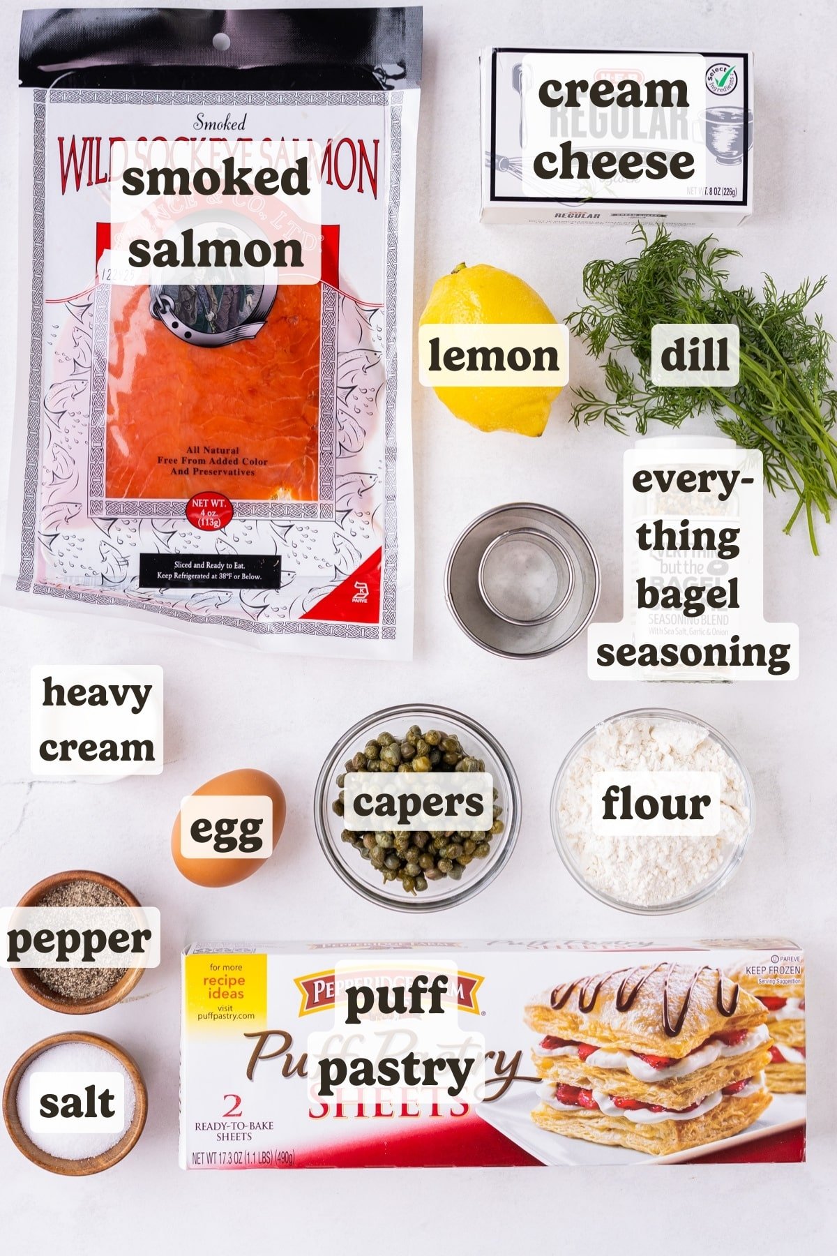 Smoked Salmon, cream cheese, puff pastry, dill, lemon, capers, and seasonings are the main ingredients for these everything bagel smoked salmon cream puffs.