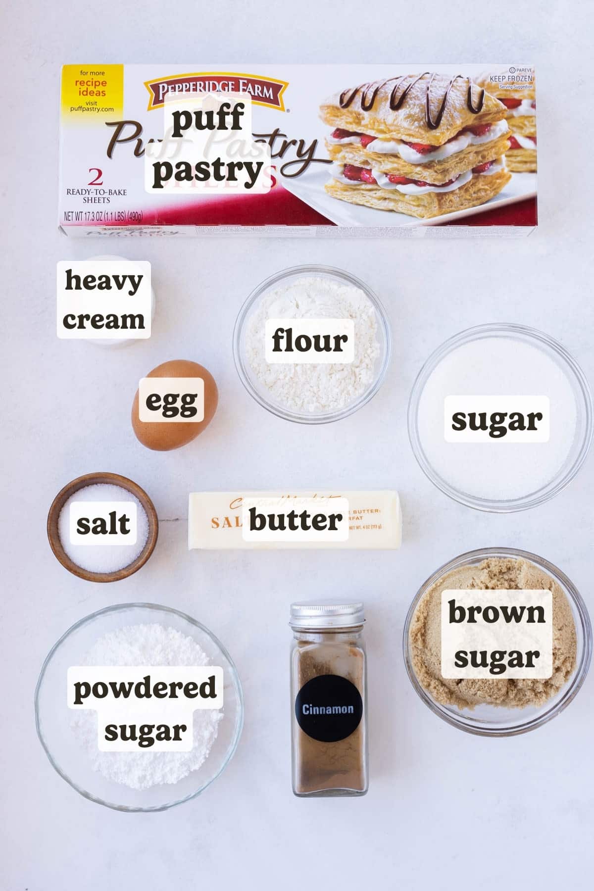 Puff pastry, cinnamon, sugar, eggs, butter and seasonings are the main ingredients for these puff pastry cinnamon rolls.