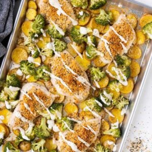 Sheet Pan Everything Bagel Chicken, Potatoes, and Broccoli is served for an easy dinner.