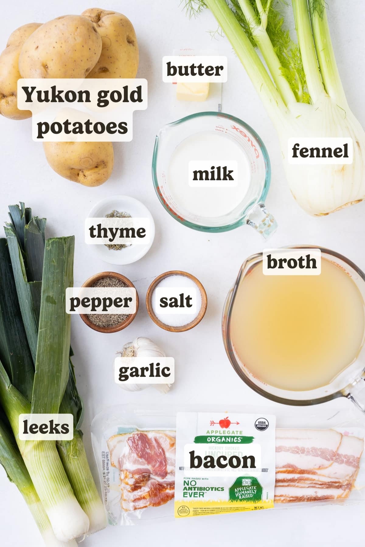 Yukon gold potatoes, leeks, a fennel bulb, broth, heavy cream, bacon, and seasonings are the ingredients needed for a potato leek soup with bacon recipe.