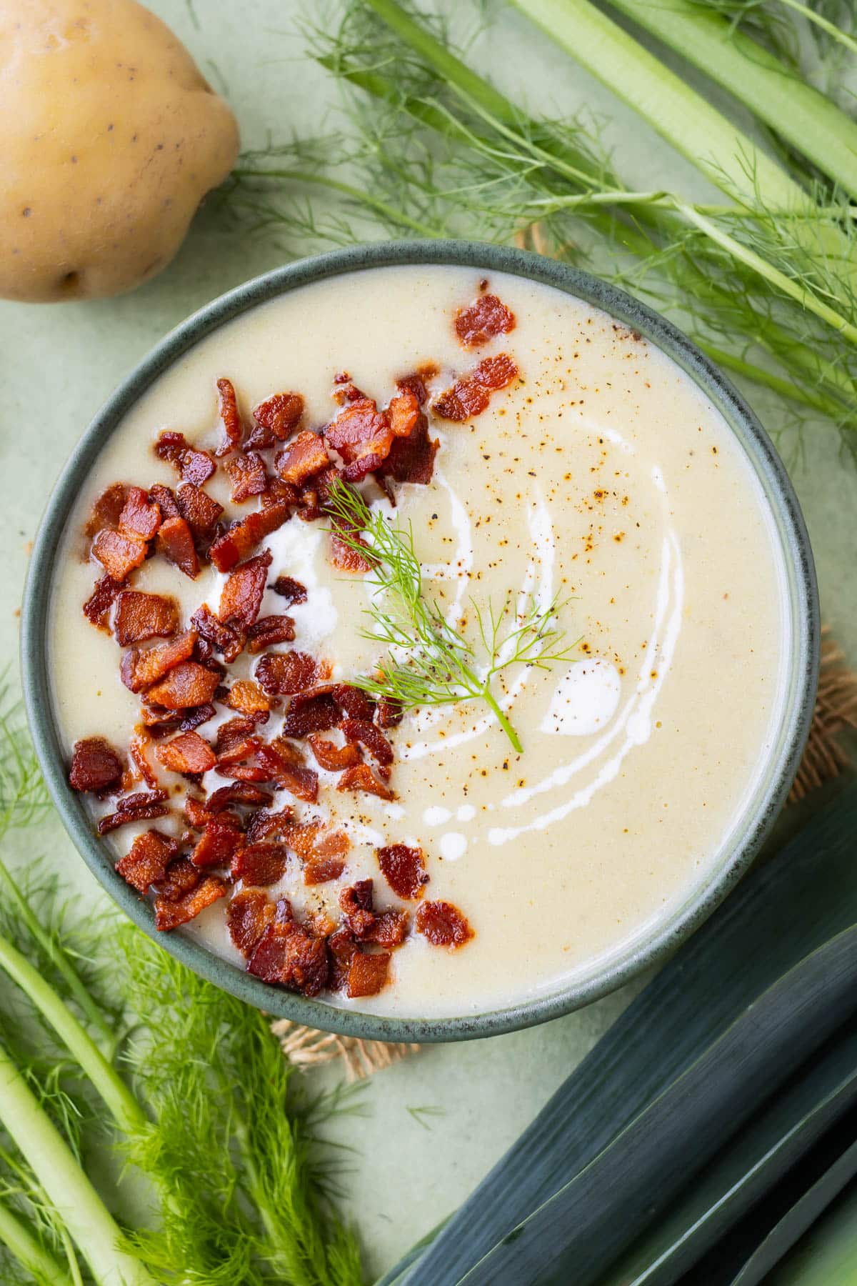 A bowl of Potato Leek Soup with Fennel is served with crispy bacon on top.