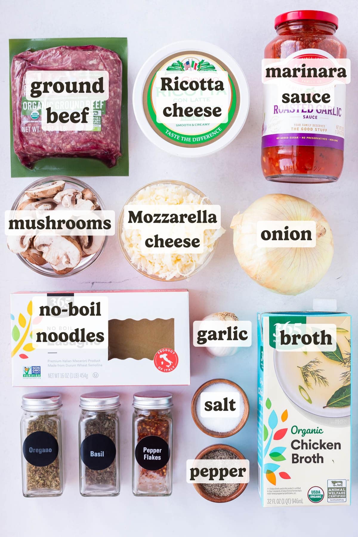 Ground beef, marinara, lasagna noodles, onion, cheese, mushrooms, and seasonings are the main ingredients for this one pot lasagna dish.