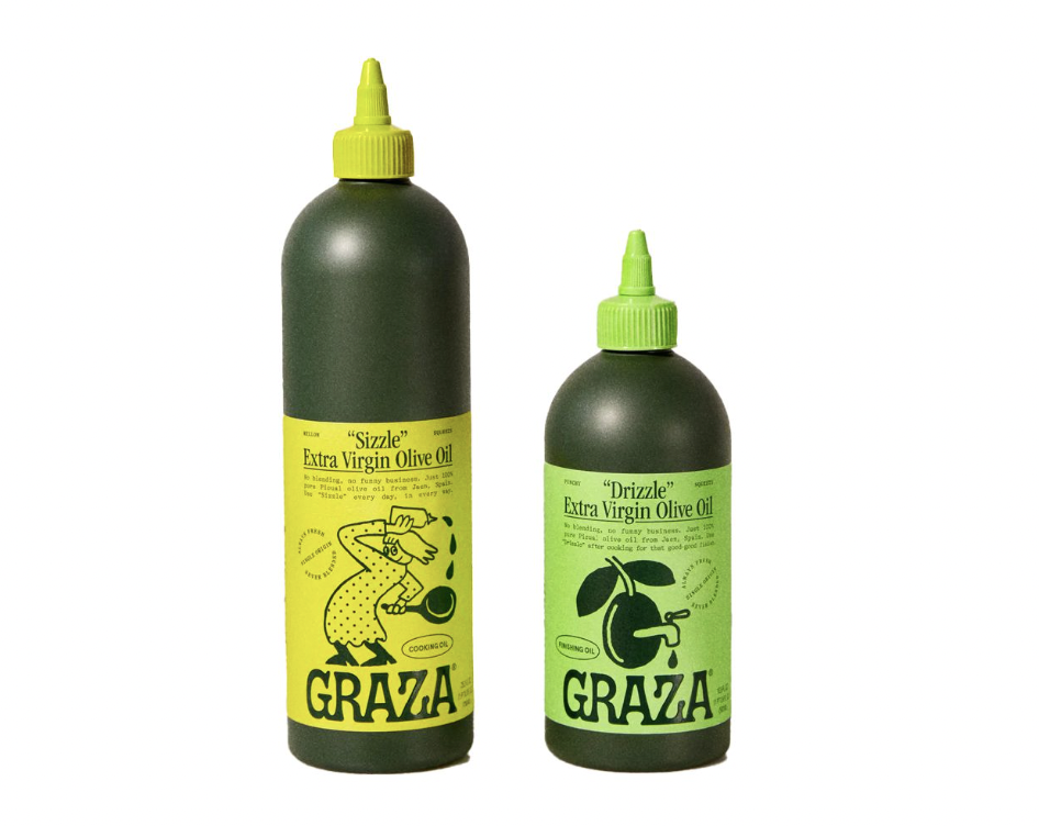 The "Sizzle" and "Drizzle" bottle of Graza's extra virgin olive oil.