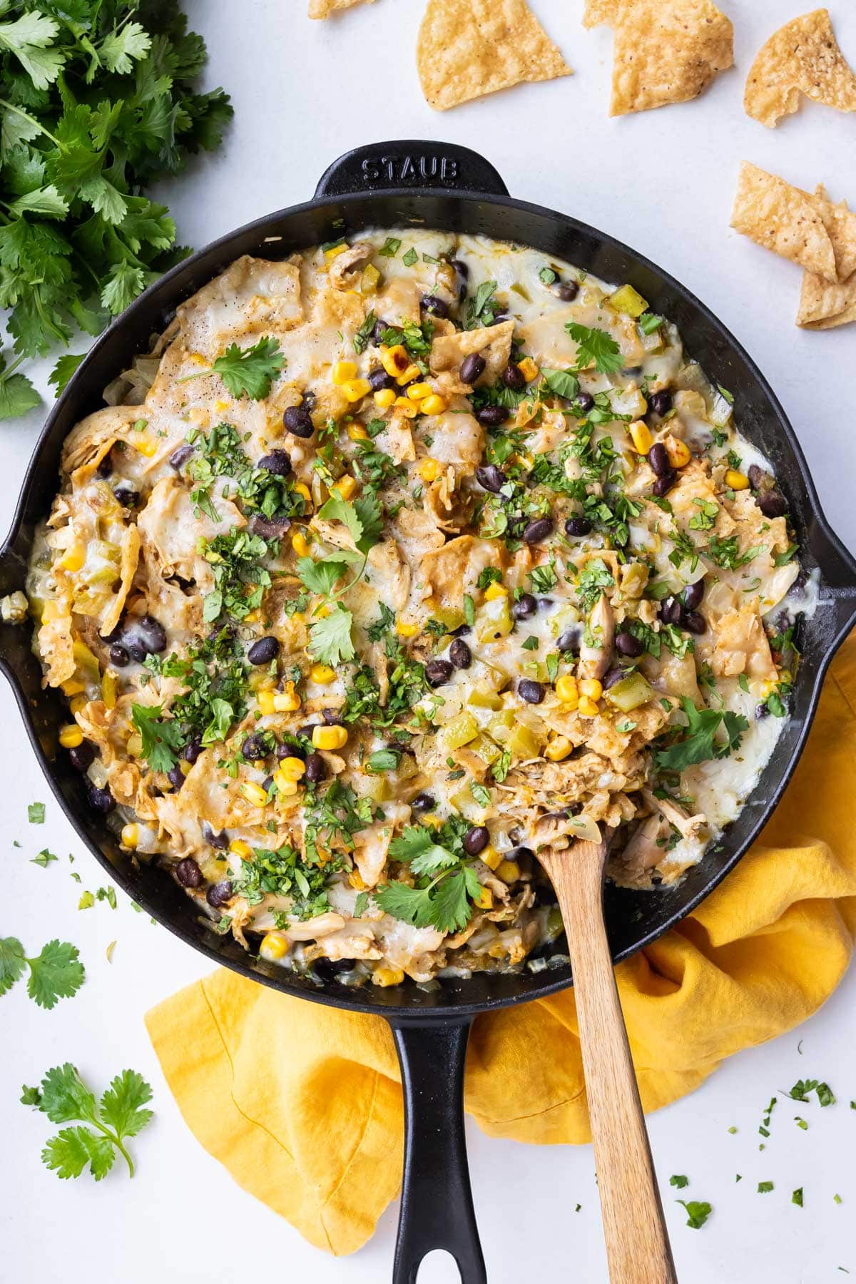 Green chile chicken lazy enchilada skillet