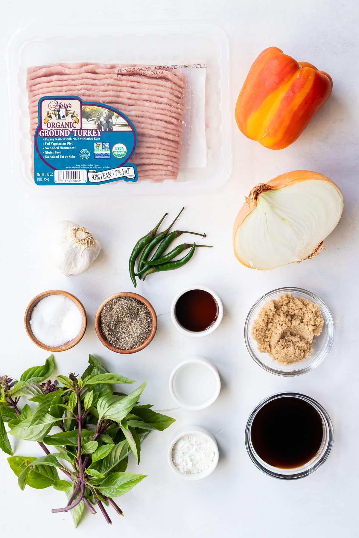 All ingredients for Thai Basil Ground Turkey Stir-Fry laid out on a counter