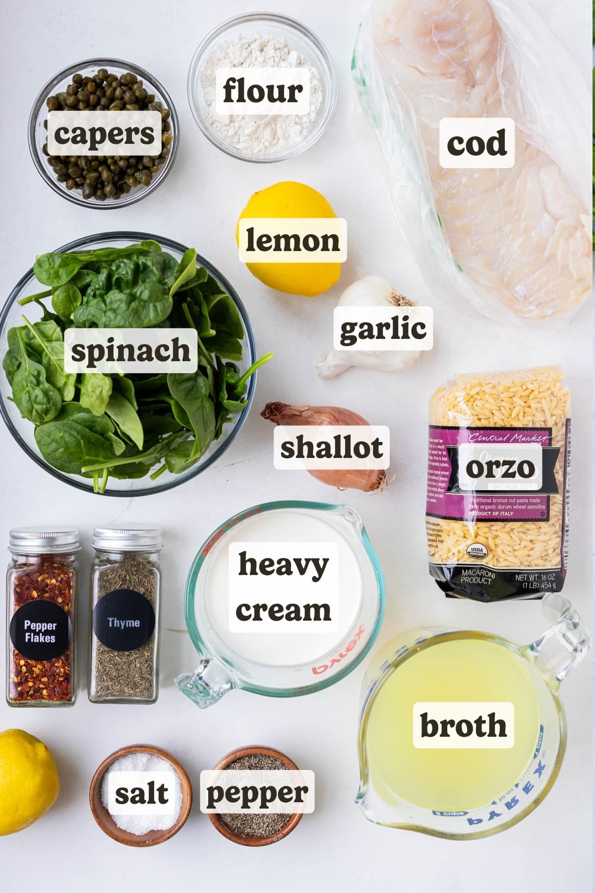 Cod, spinach, orzo, cream, and broth are the main ingredients for this cod piccata with creamy orzo recipe.