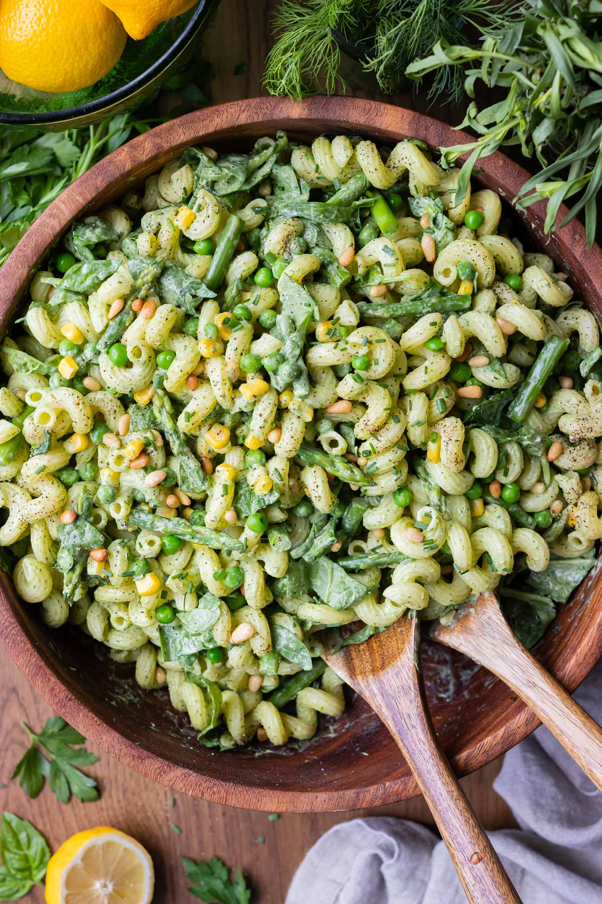 Green goddess pasta salad in a serving bowl