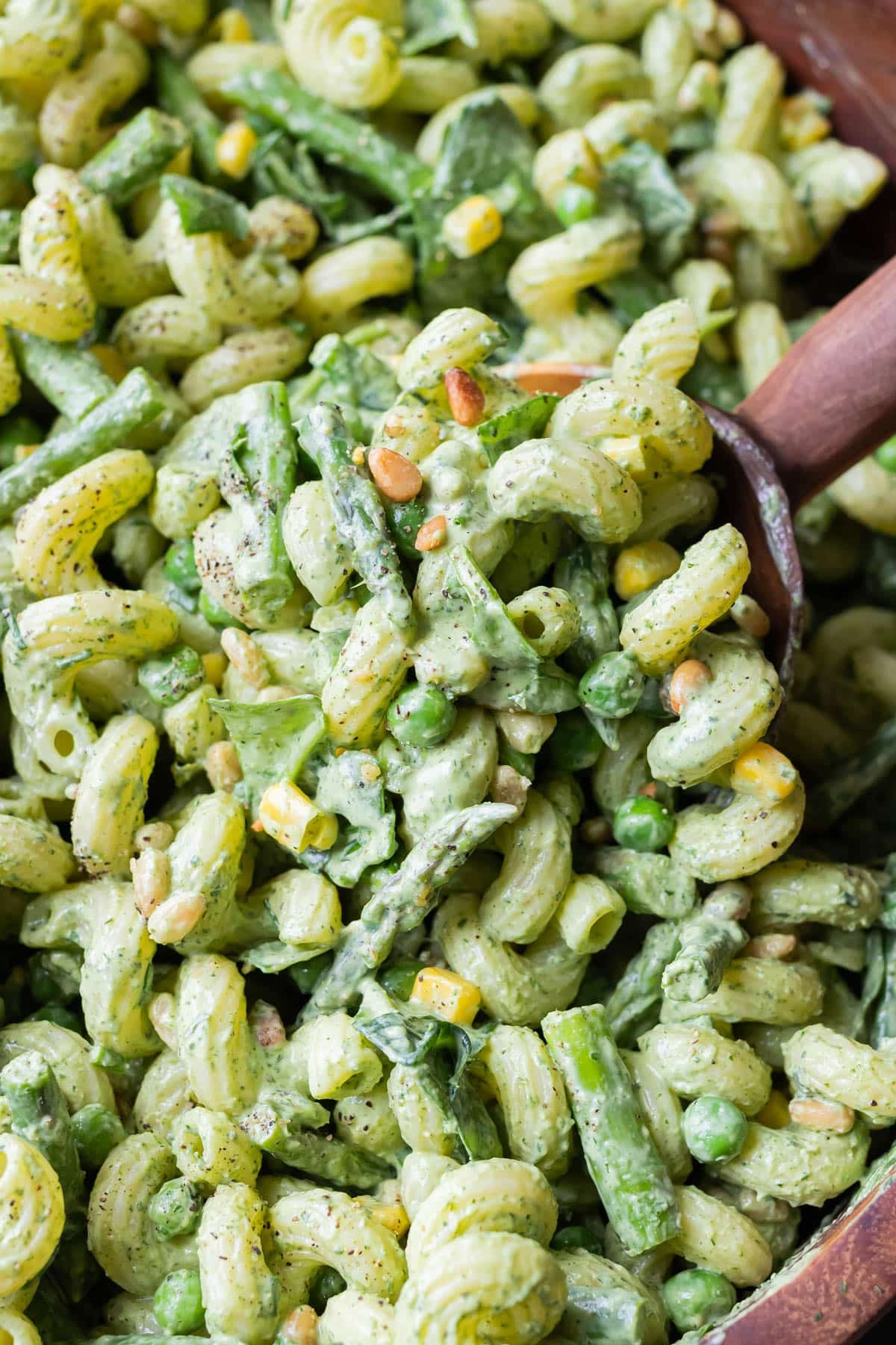 Close-up of creamy green goddess pasta salad