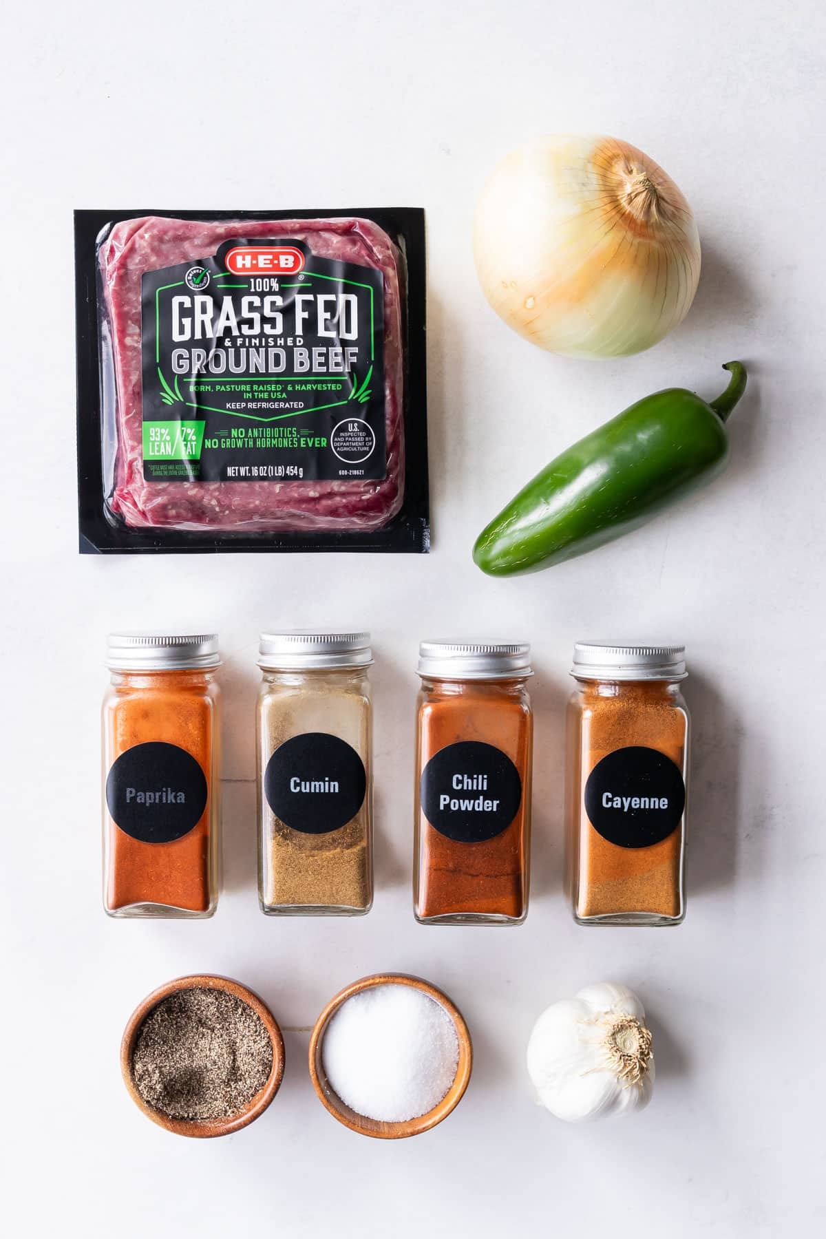 Ingredients for the seasoned ground beef taco meat.