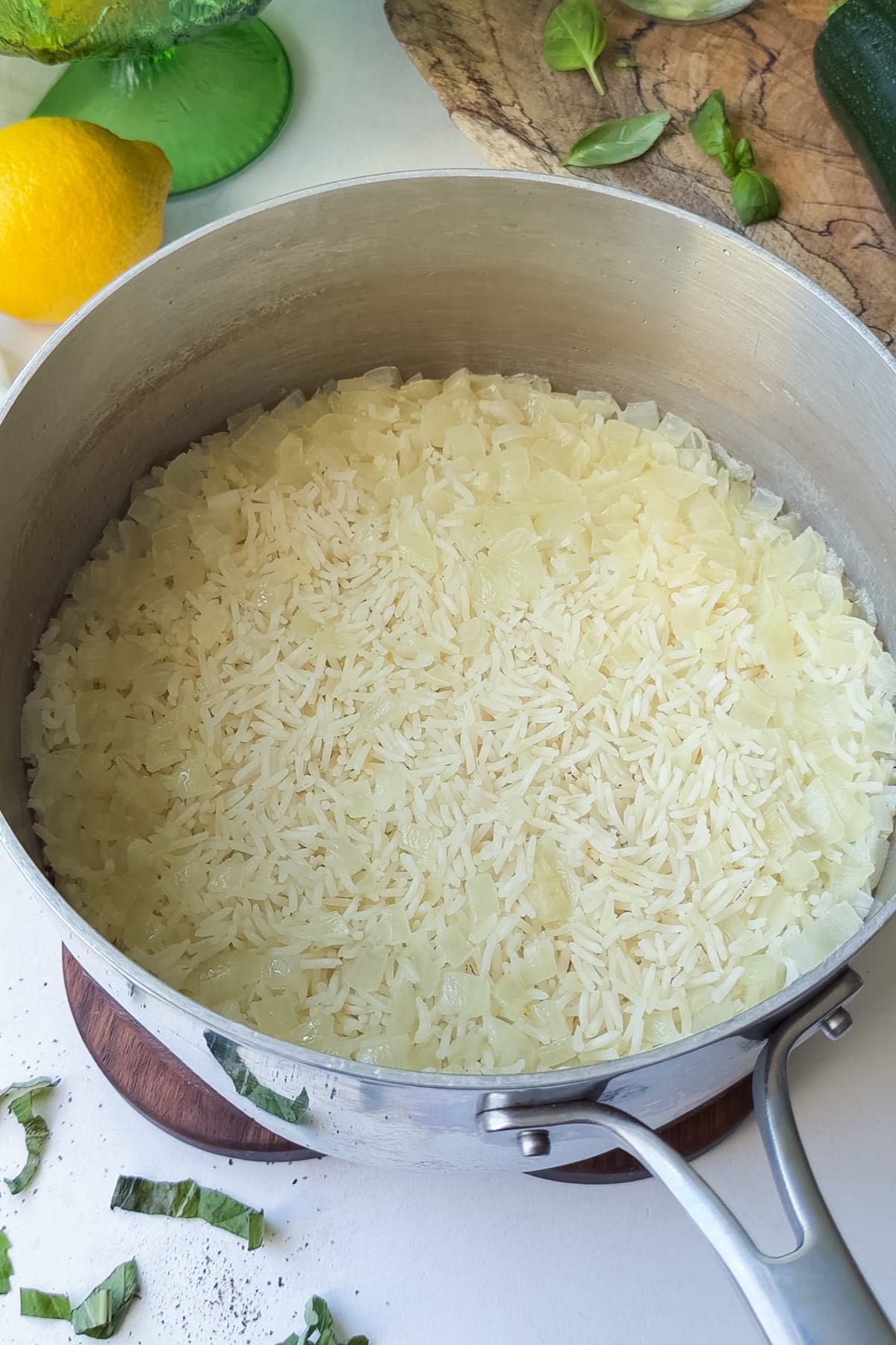 Cooked basmati rice in a pot for zucchini rice