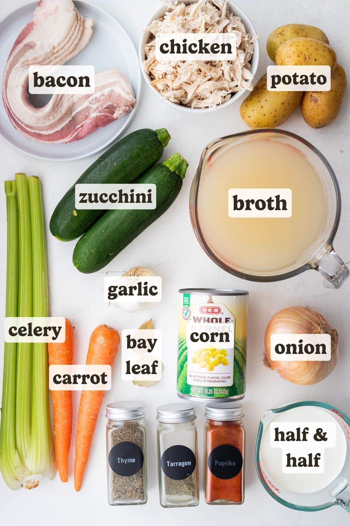 The ingredients for chicken corn chowder with zucchini.