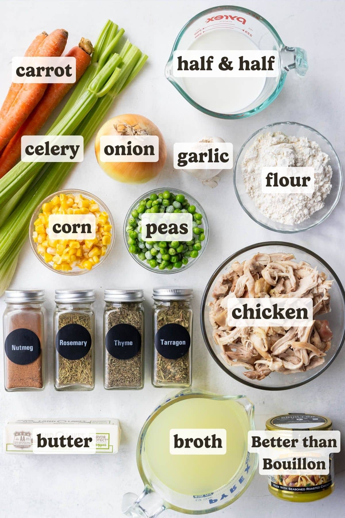 Carrots, celery, onion, corn, peas, chicken, flour, half and half, broth, dried herbs and butter are the ingredients needed for this chicken pot pie filling.