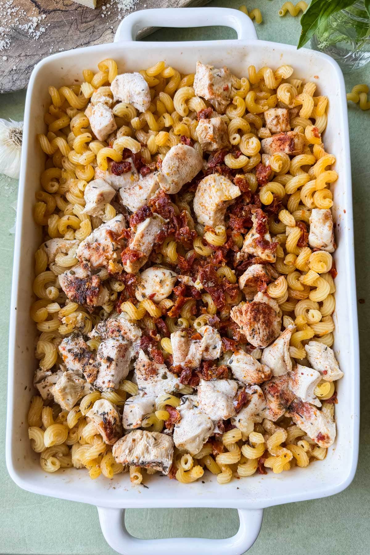 Marry Me Chicken Pasta Bake after being baked in the oven and before the cream.