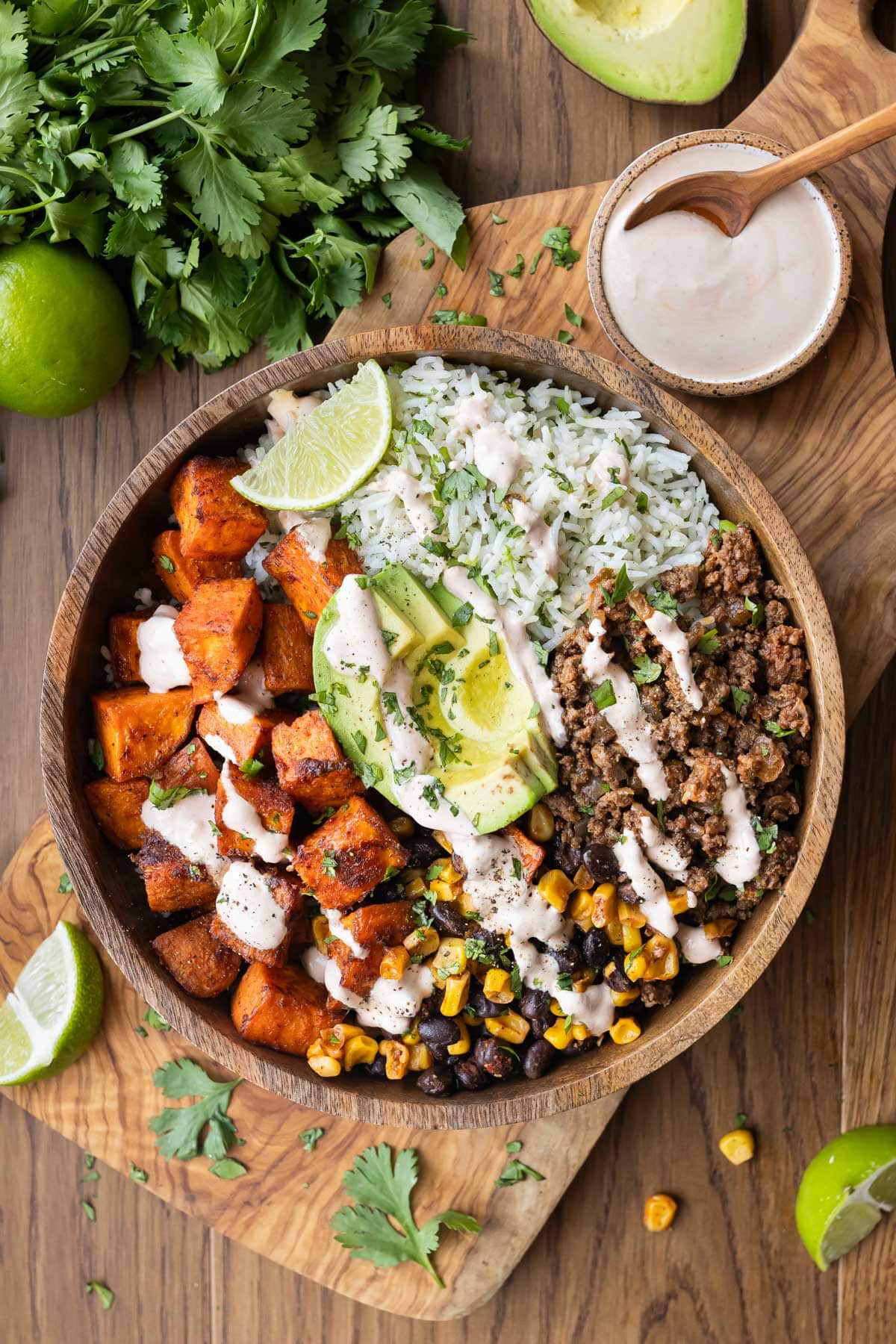 Sweet potato taco bowls served with a chipotle crema.