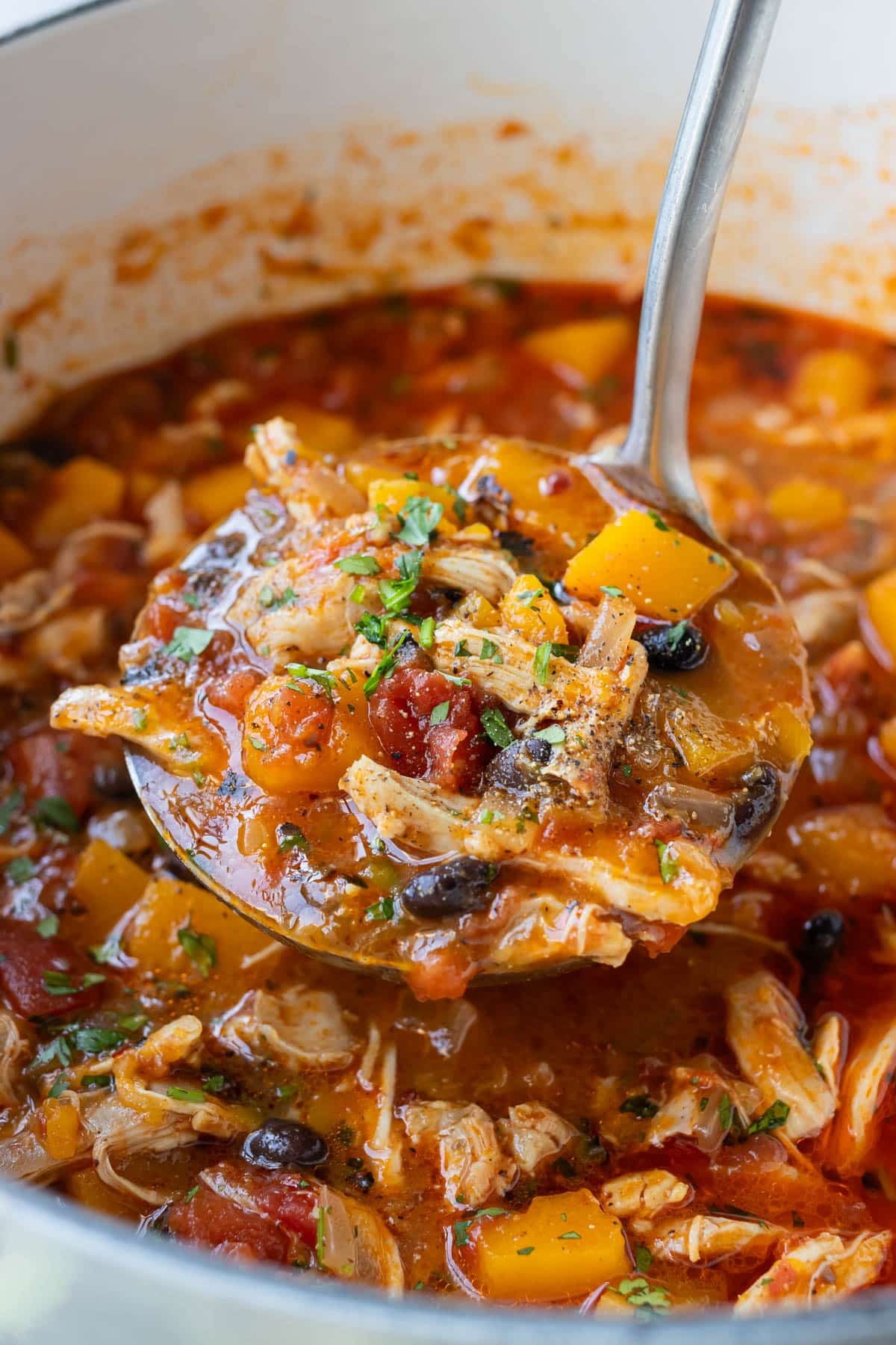 Ladle scooping thick and chunky chipotle chicken chili with butternut squash from the pot