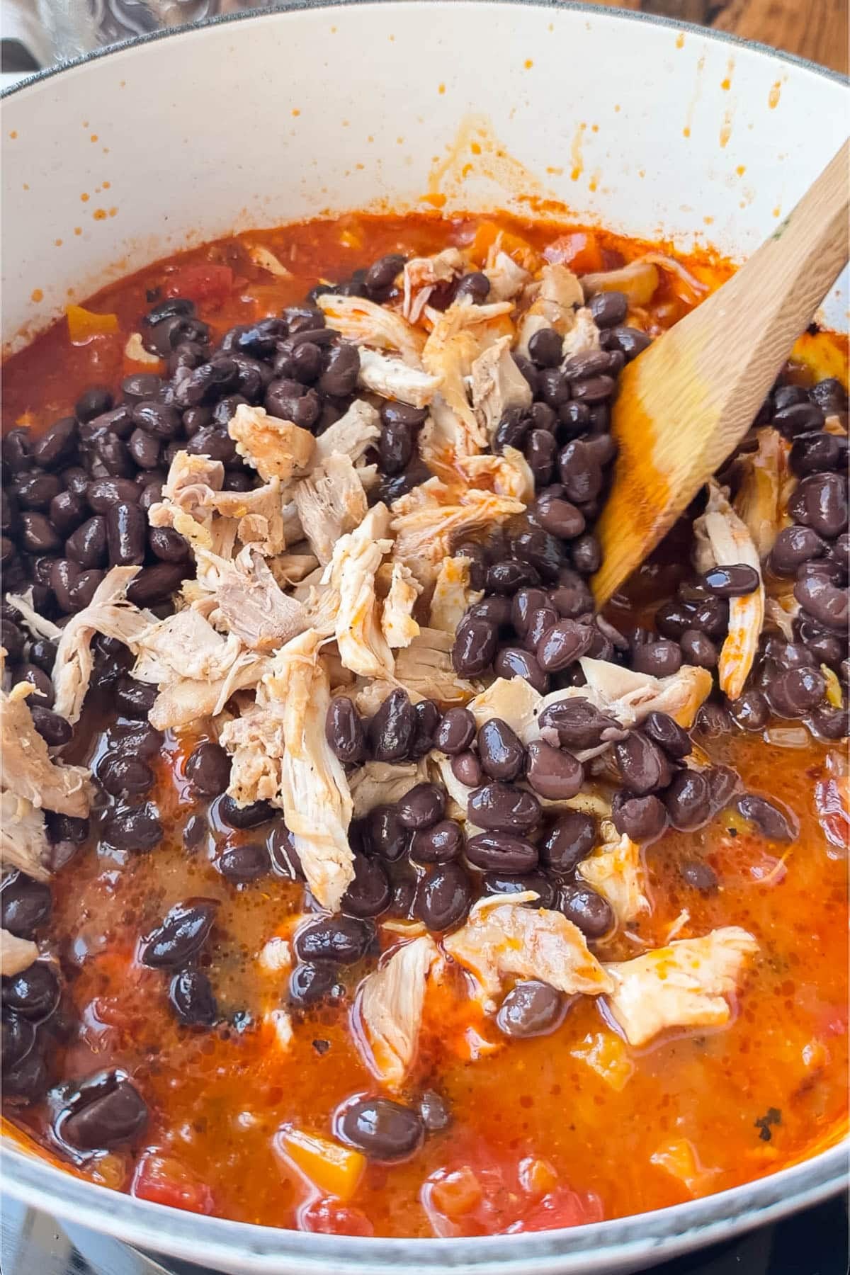 Shredded chicken and black beans stirred into chicken chili with butternut squash