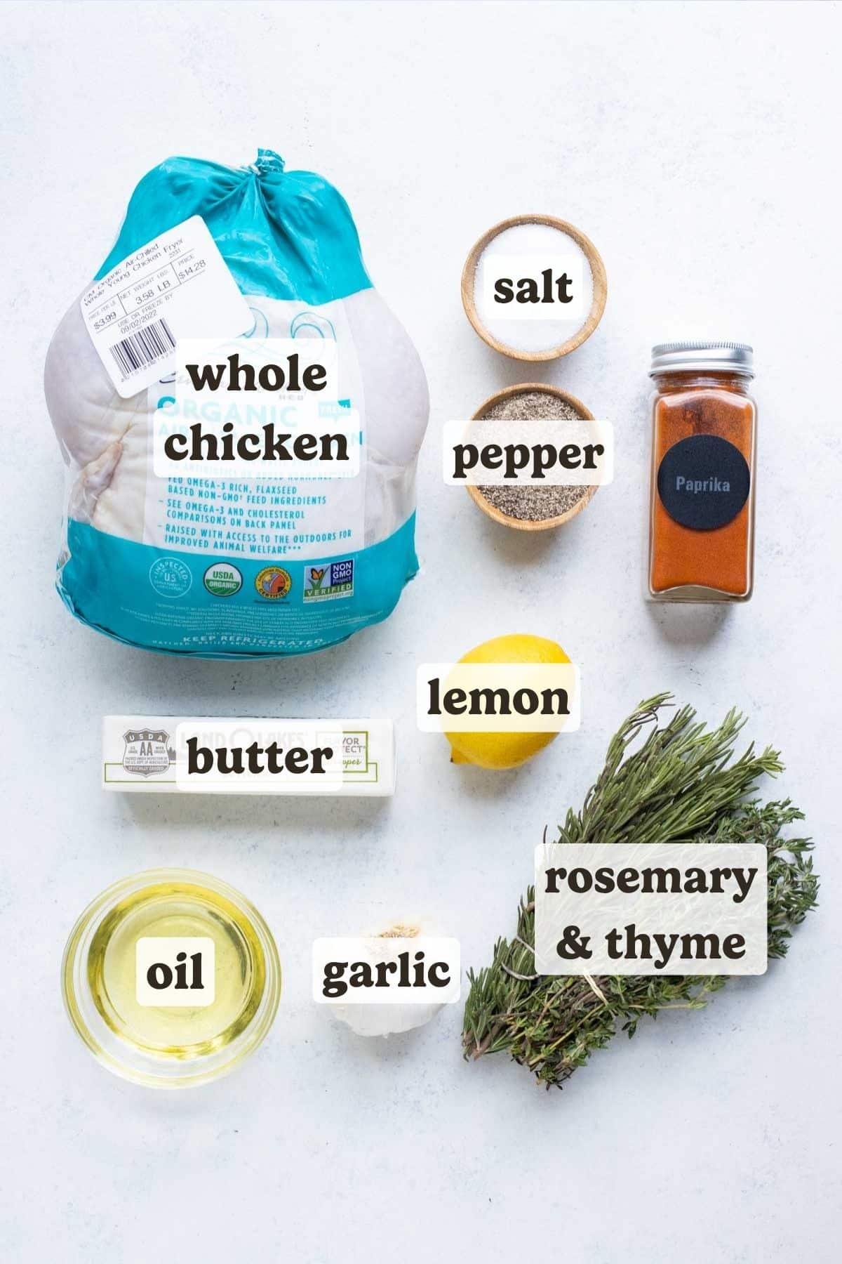 A whole chicken, butter, garlic, and herbs are the main ingredients for spatchcock chicken.